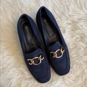 Spring Step Navy Suede Loafers with Gold Chain Accent